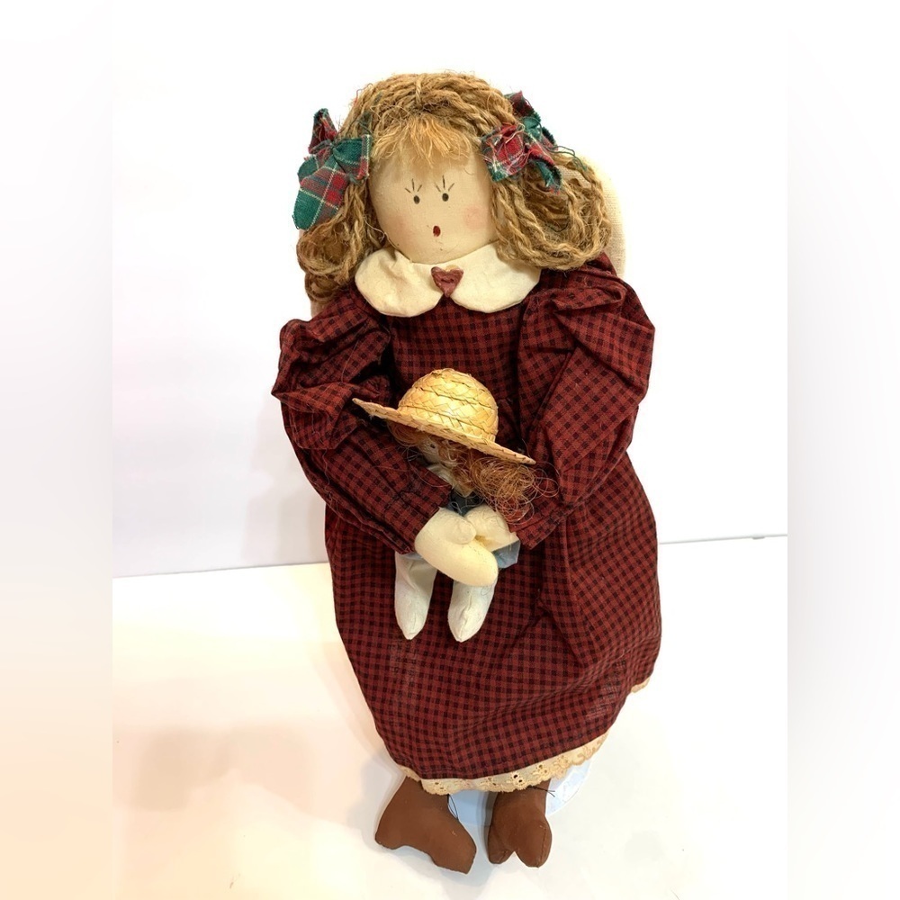 Primitive Country Angel Doll Red Dress Holding Doll
